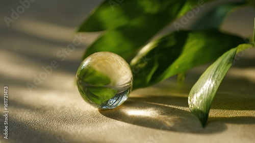 Crystal ball on soft surface with green leaves and shadows