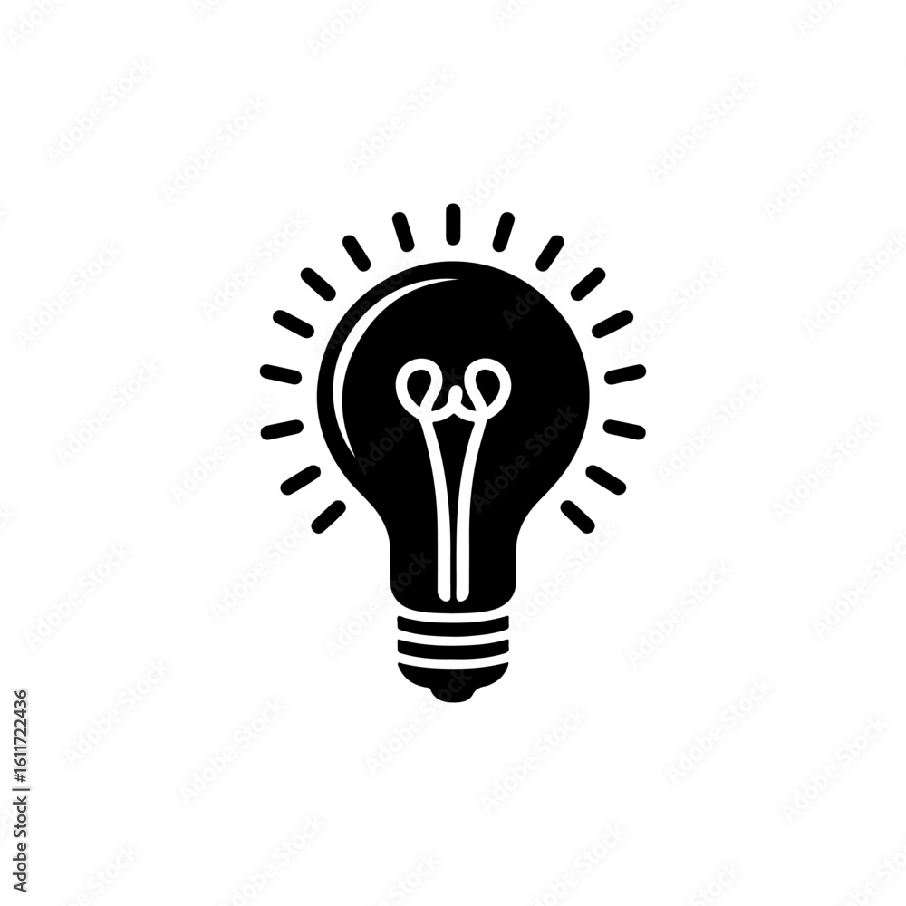 Bright idea light bulb silhouette with radiating light rays Bright idea light bulb silhouette with radiating light rays
