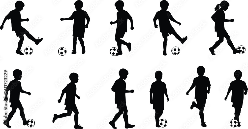 Naklejka premium Silhouette of children playing soccer, football kids silhouette, active kids with soccer ball, sport activity silhouettes, childhood playtime vector, black silhouette illustration.