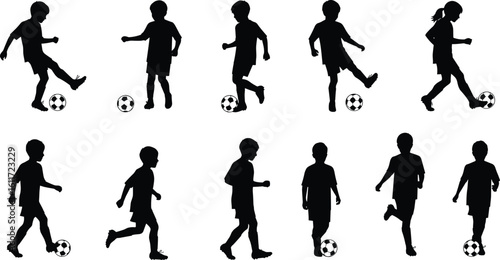 Silhouette of children playing soccer, football kids silhouette, active kids with soccer ball, sport activity silhouettes, childhood playtime vector, black silhouette illustration.