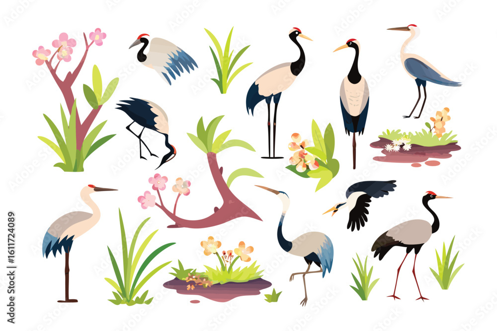 Naklejka premium Elegant Cranes in Botanical Arrangement: Featuring a flock of cranes in a botanical arrangement, a serene illustration captures a sense of harmony and tranquility.