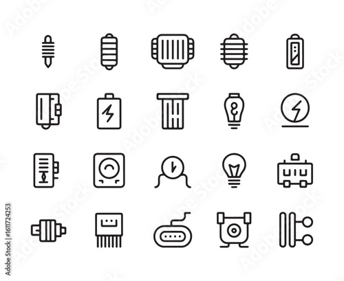 Set of electrical component icons including batteries light bulbs and resistors battery icon light bulb icon
