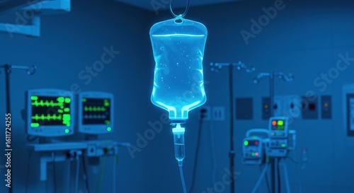 A glowing IV bag hangs in a bluelit medical room with blurred monitors and equipment in the background