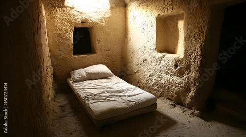 Simple, rustic bedroom in a cave-like dwelling.  A single bed sits in the center of the small, earthen room, lit by natural light filtering through small openings in the walls