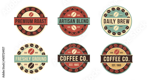 Collection of six vintage-style circular coffee shop logos featuring coffee beans and artisanal blend labels.