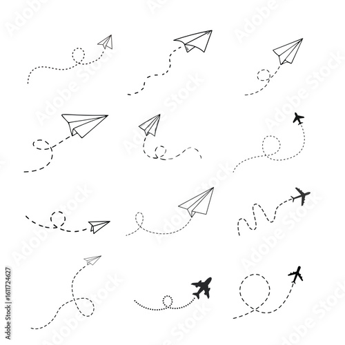 Paper airplanes and airplane flight paths dotted lines set
