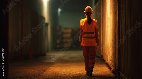 Safety-First: Worker in High-Visibility Vest Walking in Dark Corridor