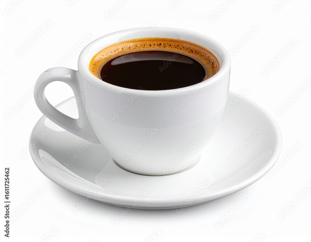 Close-up of a white ceramic coffee cup filled with hot black coffee on a matching saucer isolated on a plain white background Close-up of a white ceramic coffee cup filled with hot black coffee on a matching saucer isolated on a plain white background