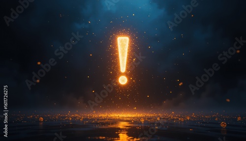 Glowing orange exclamation point in a dark misty landscape surrounded by sparks and reflections