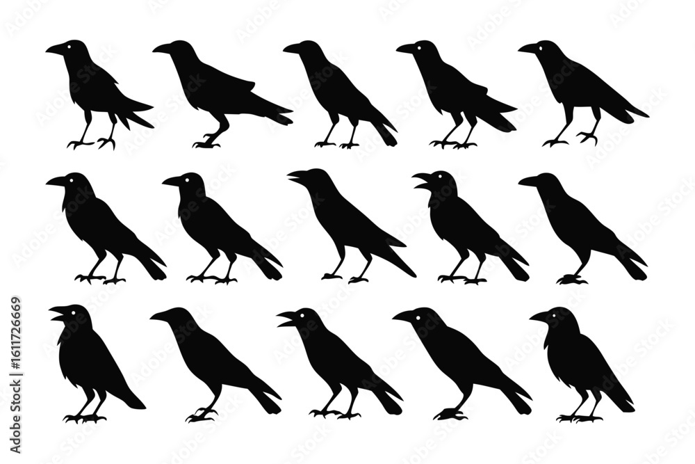 Obraz premium Raven Silhouette Collection: A compelling collection of raven silhouettes, striking with their simplicity, capturing a sense of mystique and stark beauty, perfect for adding a touch of the dramatic.