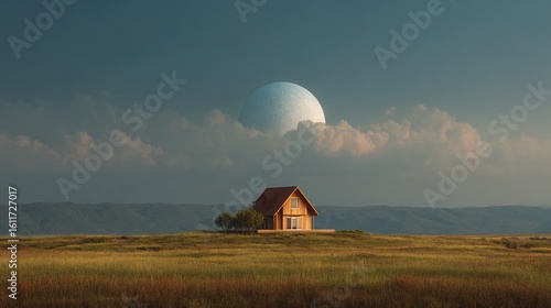 Tranquil House Under a Huge Moon in a Serene Landscape Setting