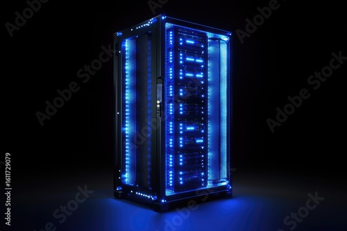 Plakat A modern server rack with blue LED lighting, showcasing advanced data center technology.