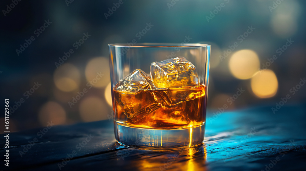 Whiskey in glass with ice cubes on bar counter at night bokeh lights Whiskey in glass with ice cubes on bar counter at night bokeh lights
