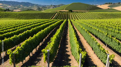 Vineyard rows stretch endlessly with ordered vines, rolling hills showing gentle cultivation