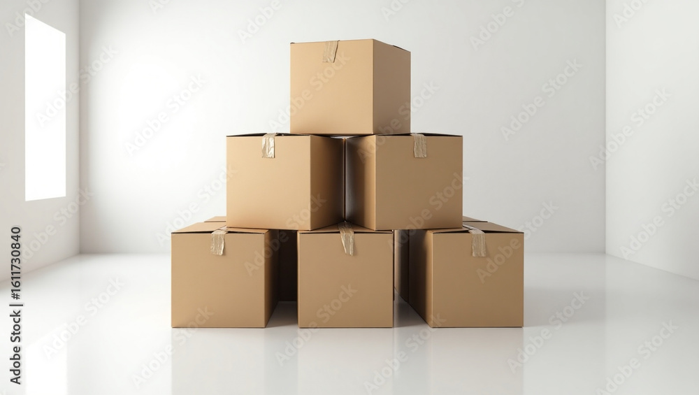 Fototapeta premium Pyramid of Stacked Closed Cardboard Boxes with Crease Patterns for Shipping and Storage