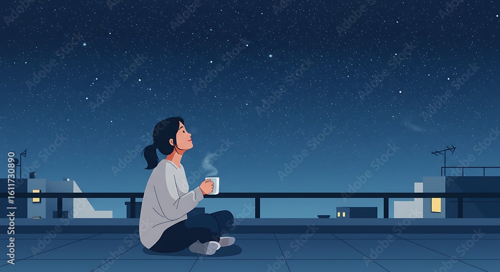 Fototapeta premium Minimal flat design of a single person sitting on a rooftop with a hot drink, watching the stars with a relaxed expression