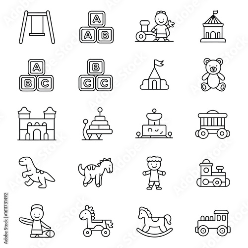 Black and White Toy Icons Set with Swing Blocks Train Teddy Bear and More