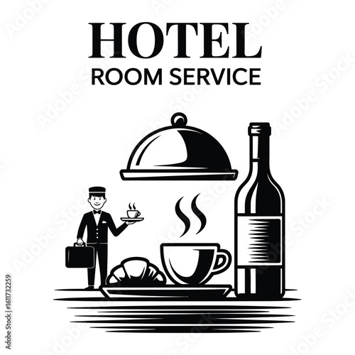 Vector icon pack for hotel room service with breakfast tray, smiling bellhop, food cover, wine bottle, and classic menu in black and white
