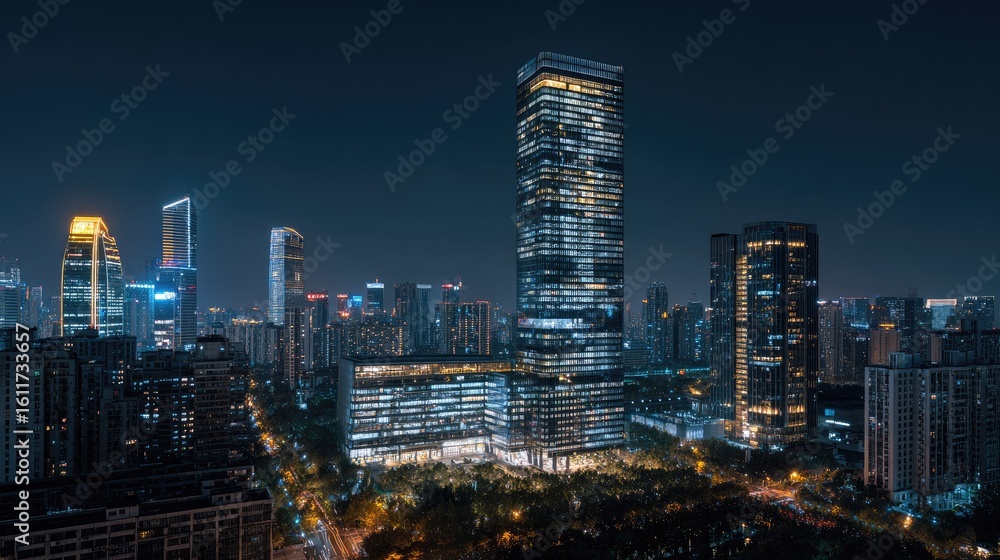 Fototapeta premium Night cityscape with illuminated skyscrapers and urban lights