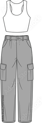 Cad drawing flat vector illustration of women's cargo pants and crop tank top, casual fashion outfit, clothing design sketch, garment template, apparel outline