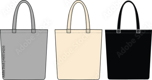 Cad drawing flat vector illustration of minimalist tote bags, basic handbag design sketch, fashion accessory template, casual carryall, stylish reusable bag