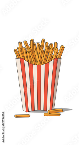 Crispy golden potato fries packed in a fun striped container for delicious snacking