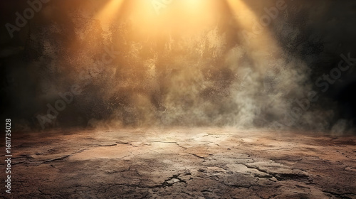 Empty stage lit by a spotlight, dramatic lighting on cracked earth floor and smoky background
