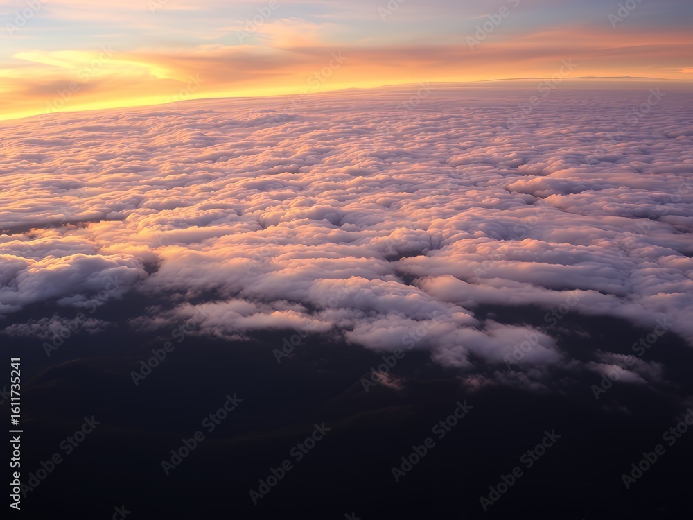 Vast ocean of clouds illuminated by golden sunrise above the horizon Vast ocean of clouds illuminated by golden sunrise above the horizon