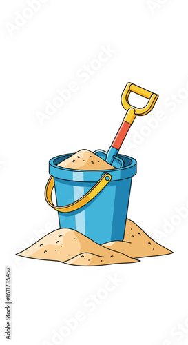 Bright blue bucket overflowing with soft golden sand and a yellow shovel stick resting on top