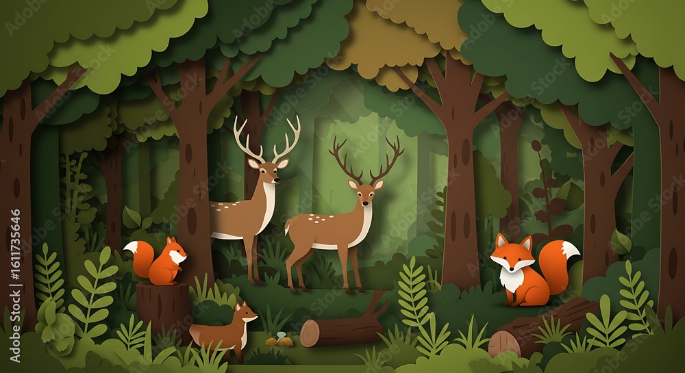 Obraz premium Flat vector of a forest scene in paper cut-out style, showing overlapping trees, animals, and textured foliage layers