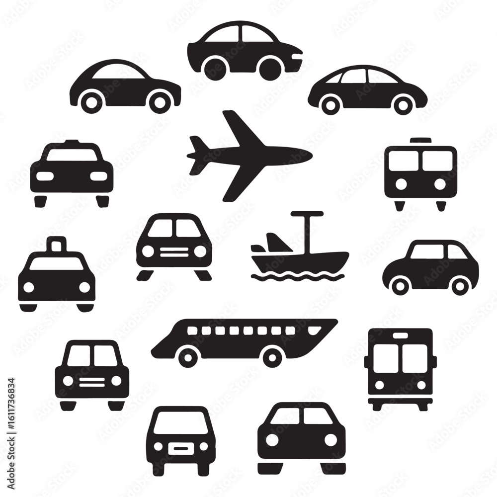 Obraz premium Black transportation vehicle icons set