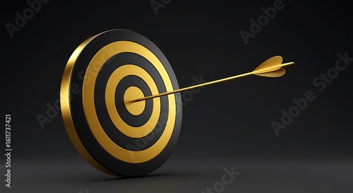 Golden Arrow Hitting the Bullseye in a Black and Gold Target Achieving Success with Precision