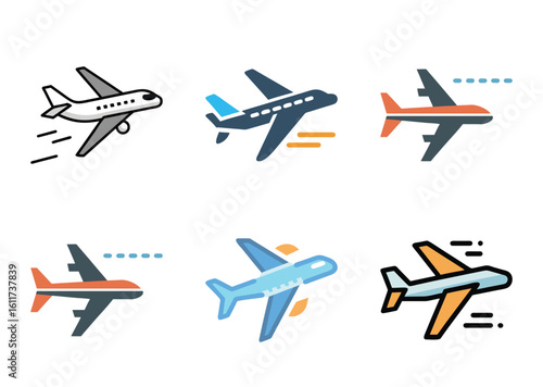 Collection of stylized airplane icons Bundle depicting travel and flight concepts