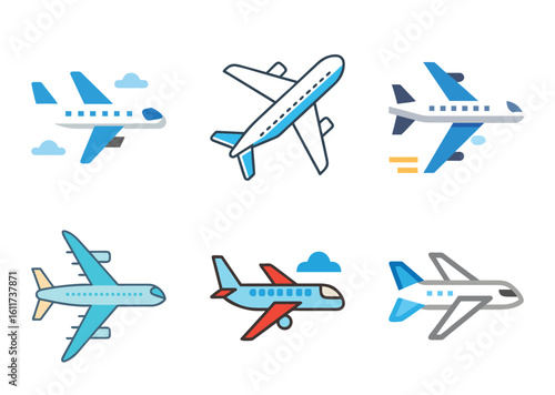 Colorful Vector Illustration of Various Bundle Airplane Designs on a White Background