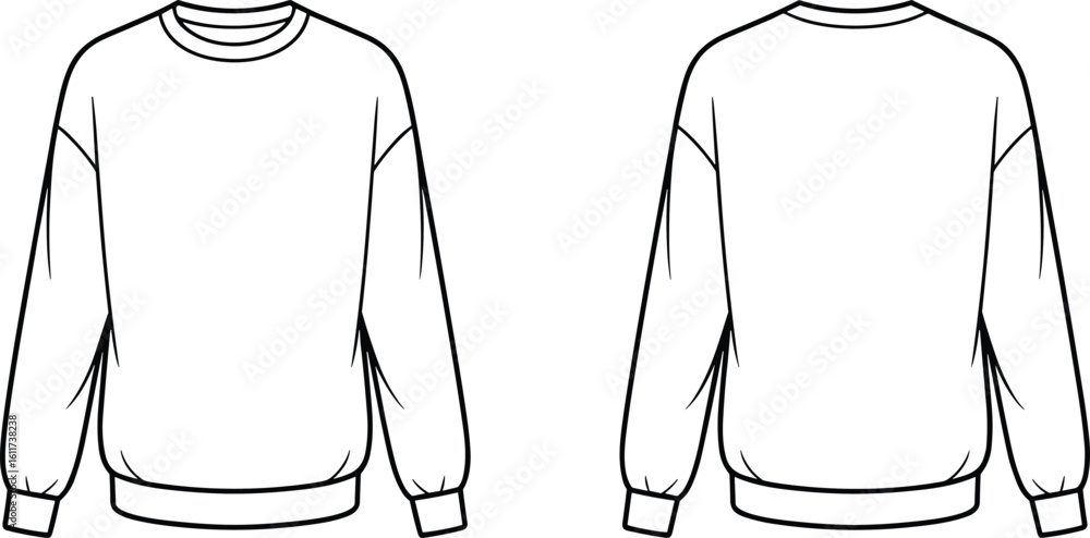 custom made wallpaper toronto digitalCad drawing flat vector illustration, unisex basic sweatshirt front and back view, casual crewneck pullover, fashion technical sketch