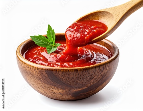 Fresh homemade tomato sauce in a wooden bowl with basil leaves and a wooden spoon showing the rich, vibrant, and thick texture of natural cooked tomato puree