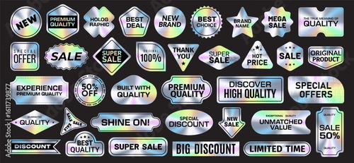 Group of paper sticker, emblem, price tag and label with holographic rainbow effect. Business offer, discount, black friday sale and product marketing plastic badge with metal texture and neon light.