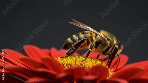 Honeybee pollinating red flower.