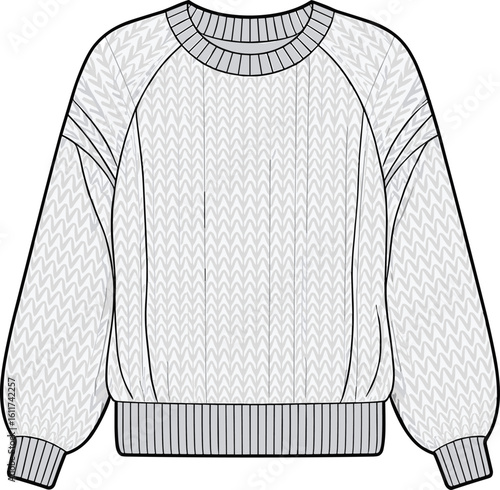 Colored CAD flat vector illustration oversized knit sweater with raglan sleeves and ribbed cuffs and hem, front view fashion technical sketch