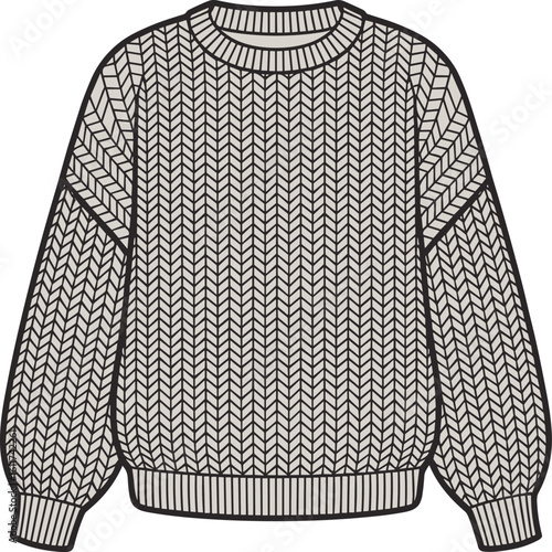 Colored CAD flat vector illustration of a women’s knitted sweater with a ribbed crew neckline, cuffs, and hem, in a herringbone knit pattern