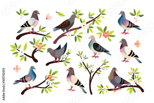 Decorative Pigeons in Bloom: An artistic arrangement featuring a variety of pigeons perched gracefully on flowering branches, showcasing a blend of natural beauty and artistic design.