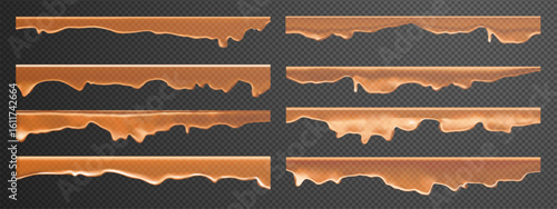 Dripping caramel featuring honey drops and realistic liquid effects. Golden syrup swirls with sticky toffee for food designs. Transparent 3D vectors or gooey patterns for packaging.
