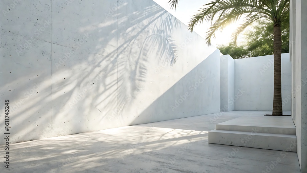 Obraz premium Architectural outdoor space featuring clean white concrete walls and floor, illuminated by soft, diffused natural sunlight, with a tropical palm tree casting artistic shadows.