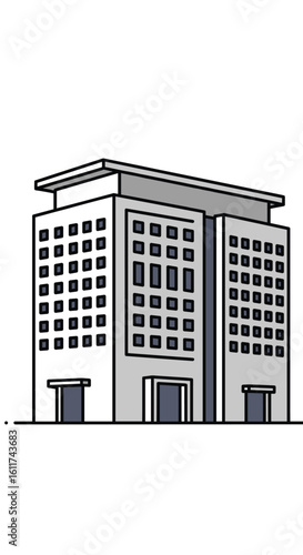 Modern office building facade architectural design with multiple windows and doors