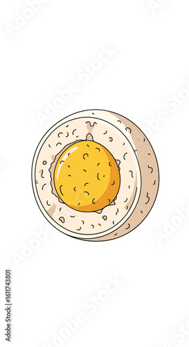 An overhead view of a perfectly cooked hard boiled egg with a bright yellow yolk and white albumen