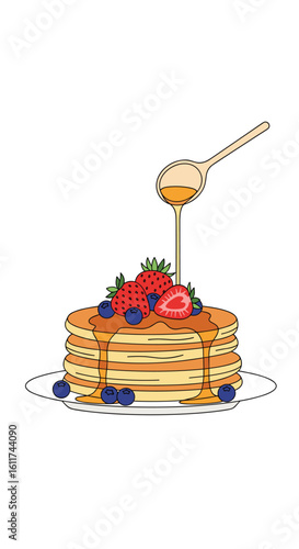 Delicious stack of pancakes topped with fresh berries and dripping honey