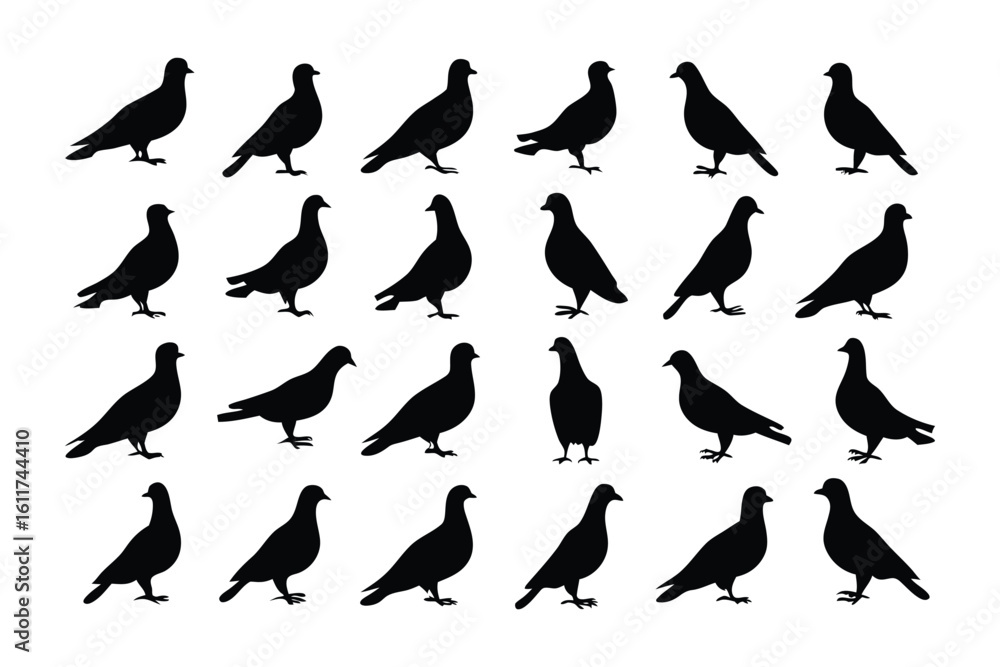 Obraz premium Silhouette Pigeons in Flight: A captivating collection of silhouettes of pigeons, gracefully captured in flight, evoking a sense of freedom and elegance with their minimalist aesthetic.