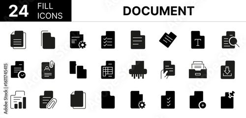 Collection of 24 document fill icons featuring editable strokes. These outline icons depict various modes of document, paper, file, line, form, contract, business, signs, vector, thin, stroke, 