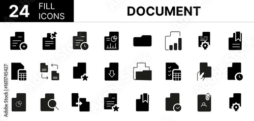 Collection of 24 document fill icons featuring editable strokes. These outline icons depict various modes of document, paper, file, line, form, contract, business, signs, vector, thin, stroke, 