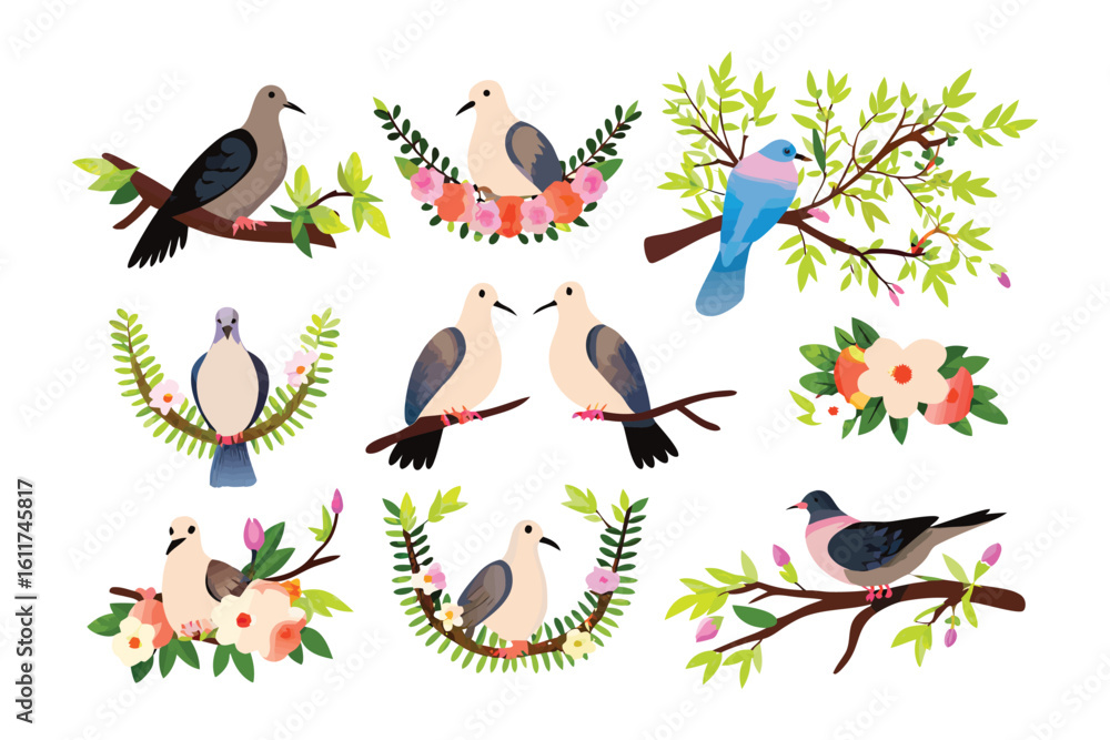 Obraz premium Artistic Birds on Branches: A vibrant arrangement of whimsical birds perched on verdant branches, encircled by colorful flowers and leaves, offering a visual tapestry of nature's artistry. 